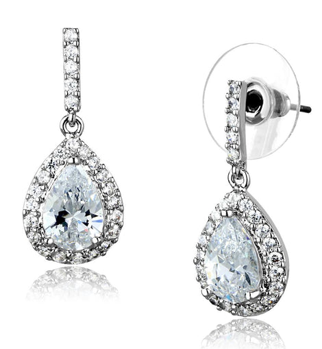 3W903 - Rhodium Brass Earrings with AAA Grade CZ  in Clear